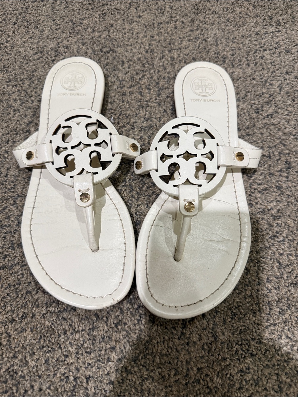 Tory Burch White Miller Logo Thong Sandals with Gold Accents